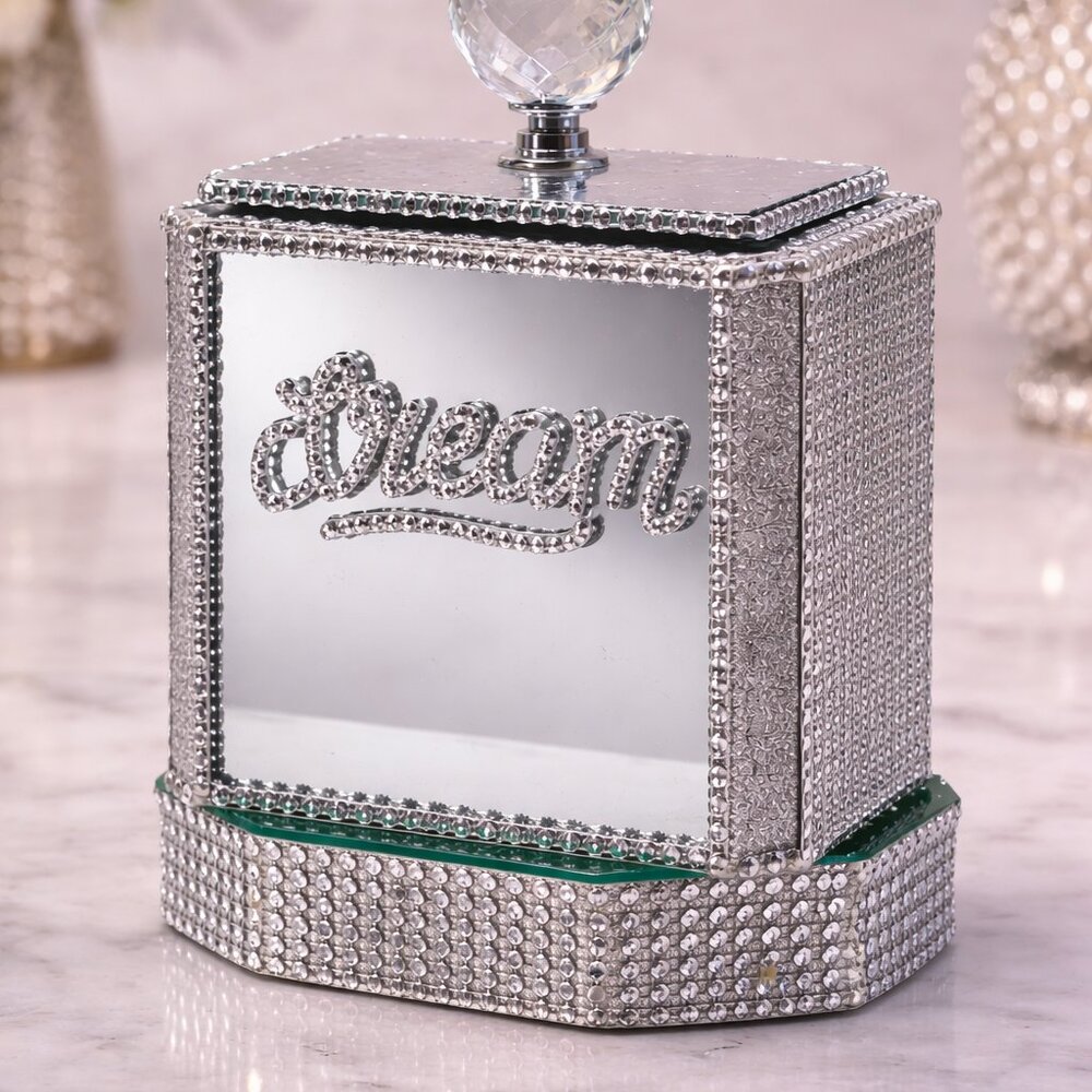 Silver Rhinestone Dream Glass Keepsake Box Mirrored Jewelry Holder - Picture 2 of 3